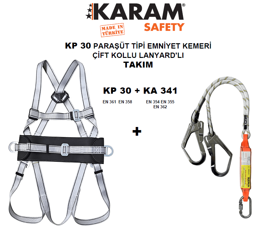 KP 30+KA 341 PARAŞÜT TİPİ KEMER ÇİFT LANYARDLI