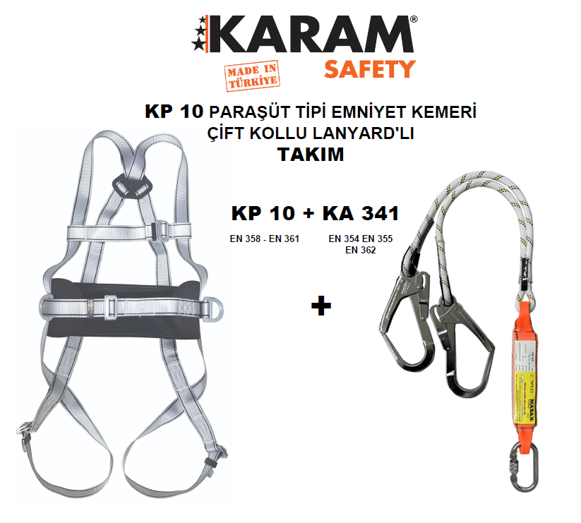 KP 10+KA 341 PARAŞÜT TİPİ KEMER ÇİFT LANYARDLI TAKIM